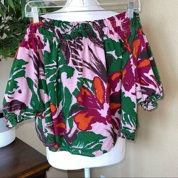 ASOS Plus Size Tropical Purple Off Shoulder Puff Sleeve crop Top Blouse sz 20 - Picture 1 of 2